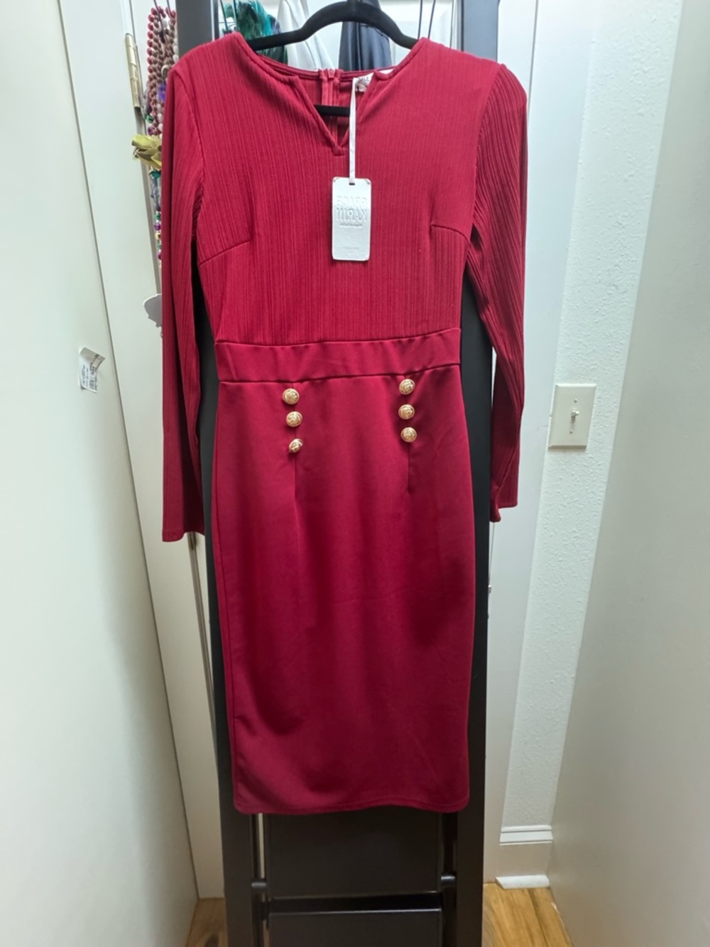 Grace Karin Red Long-Sleeve Midi Dress with Gold Buttons